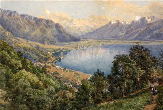 Charles Jones Way (1834-1919) View of a Swiss lake scene, 13.5 x 20in.